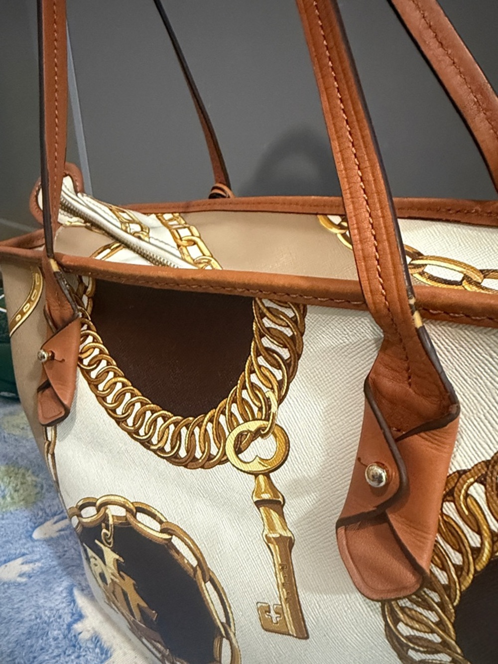 Ralph Lauren Cream Tote with Tan Straps and Gold Chain Print - Picture 3 of 7